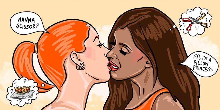 Illustration of two attractive lesbian women leaning towards each other to kiss